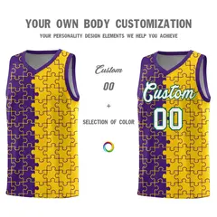Purple Gold Splid Puzzle Pattern Basketball Kits 3