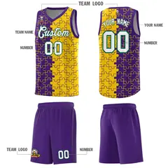 Purple Gold Splid Puzzle Pattern Basketball Kits 5