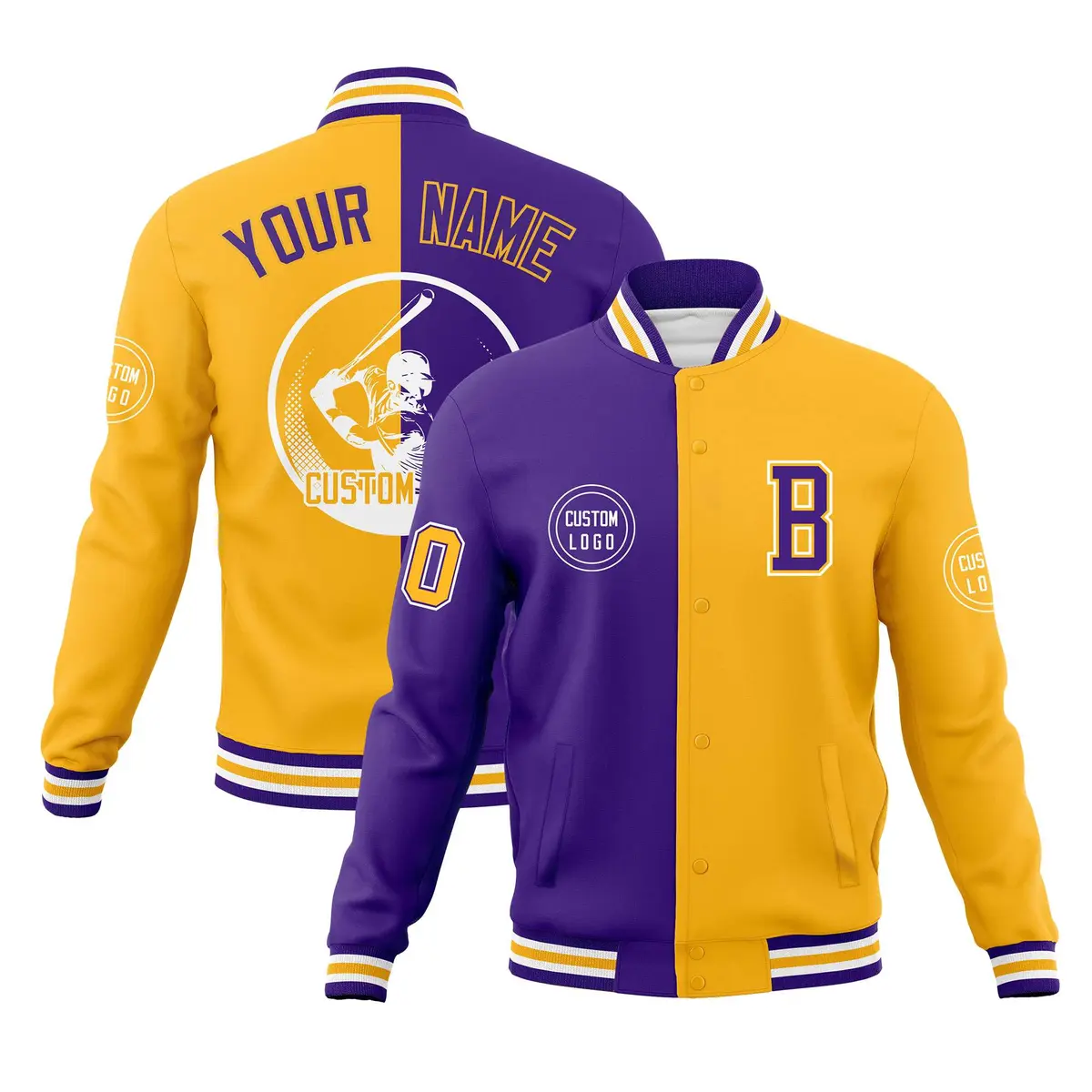 Purple Gold Split Varsity Full-Snap Letterman Baseball Jacket