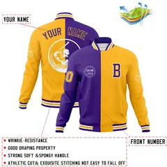 Purple Gold Split Varsity Full-Snap Letterman Baseball Jacket 4