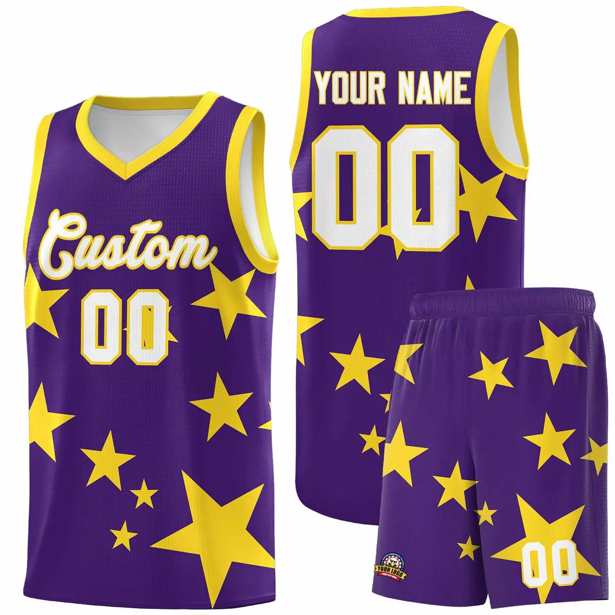 Purple Gold Star Graffiti Basketball Jersey Sets
