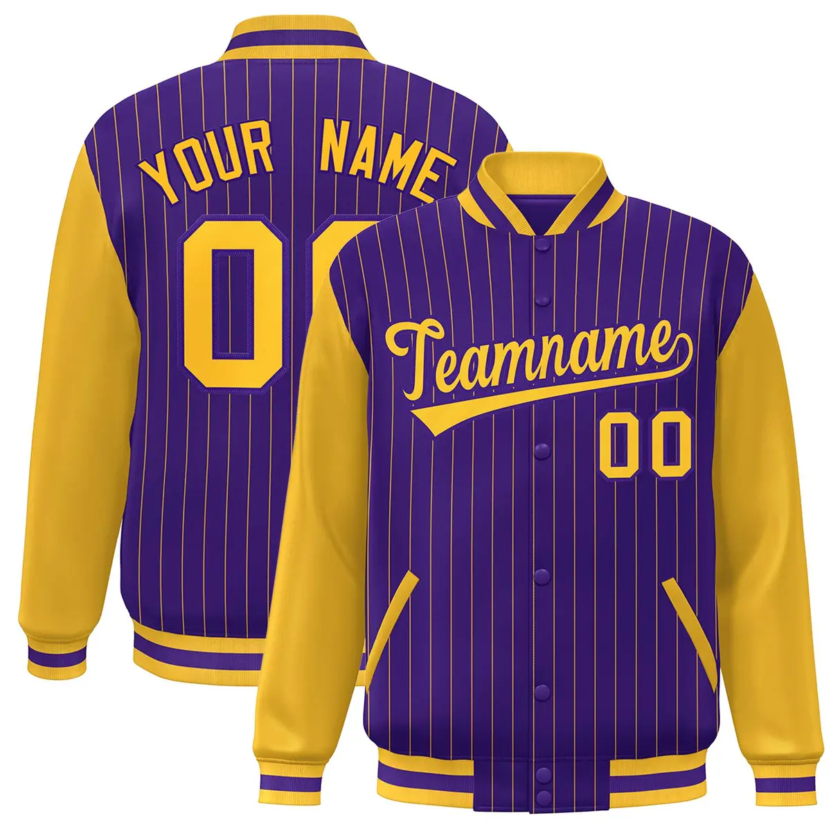 Purple Gold Stripe Raglan Sleeves Varsity Bomber Jacket