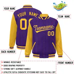 Purple Gold Stripe Raglan Sleeves Varsity Bomber Jacket 2