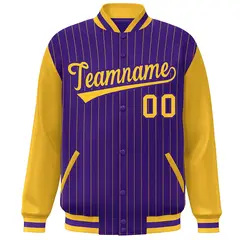 Purple Gold Stripe Raglan Sleeves Varsity Bomber Jacket 3