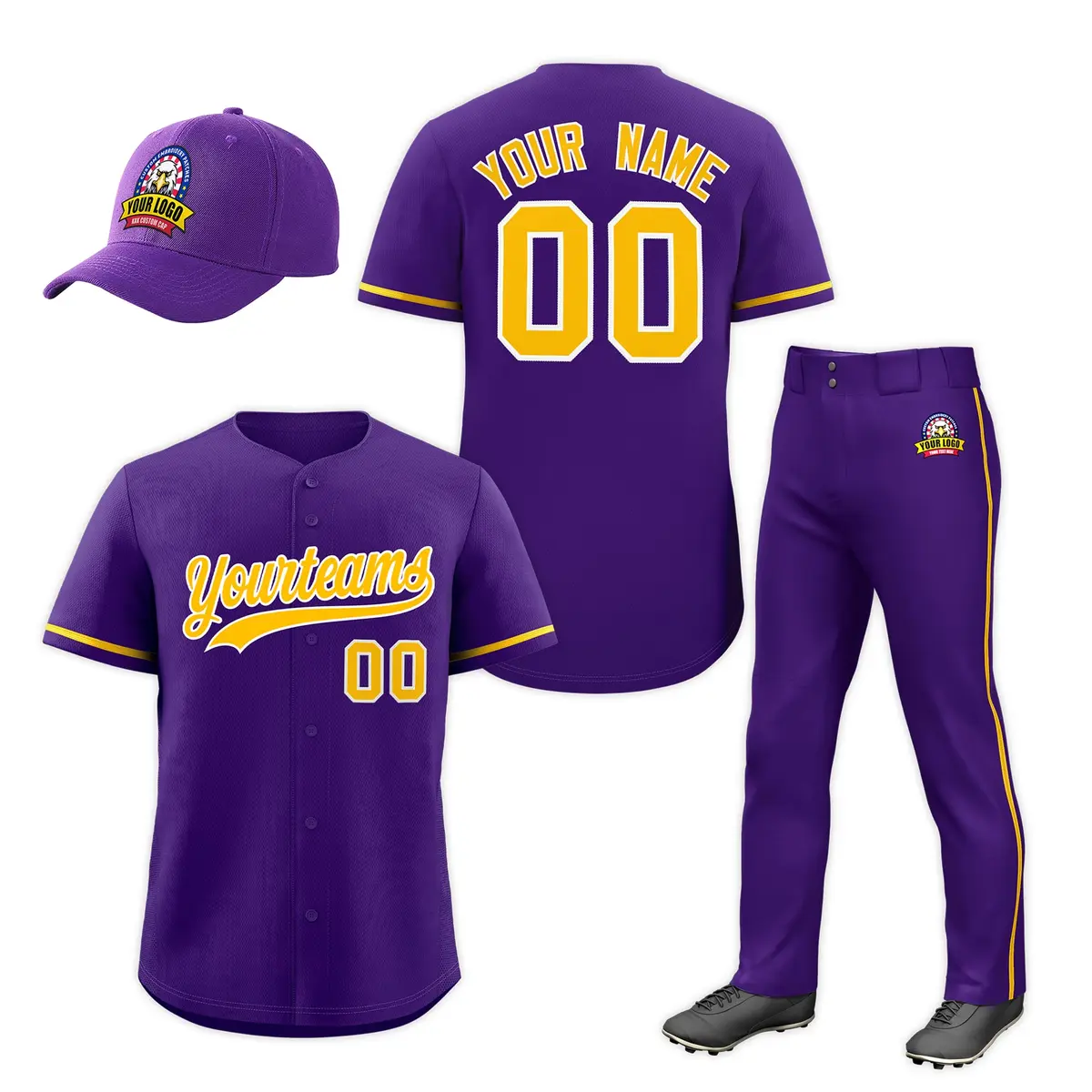 Purple Gold Team Baseball Jersey Pants Hat Package