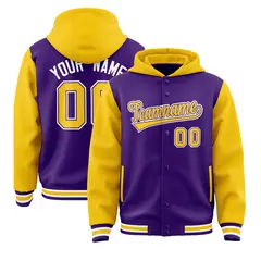 Purple Gold Two Tone Raglan Full-Snap Varsity Letterman Jacket Hoodie 1