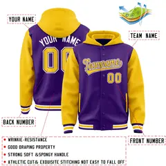 Purple Gold Two Tone Raglan Full-Snap Varsity Letterman Jacket Hoodie 4