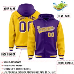 Purple Gold Two Tone Raglan Full-Snap Varsity Letterman Jacket Hoodie 4