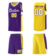 Purple Gold U-shaped Side Pattern Double Side Basketball Jersey 5