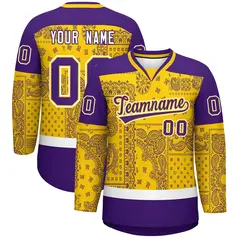 Purple Gold White Cashew Flower Graffiti V-Neck Hockey Jersey 1