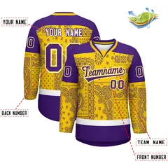 Purple Gold White Cashew Flower Graffiti V-Neck Hockey Jersey 2