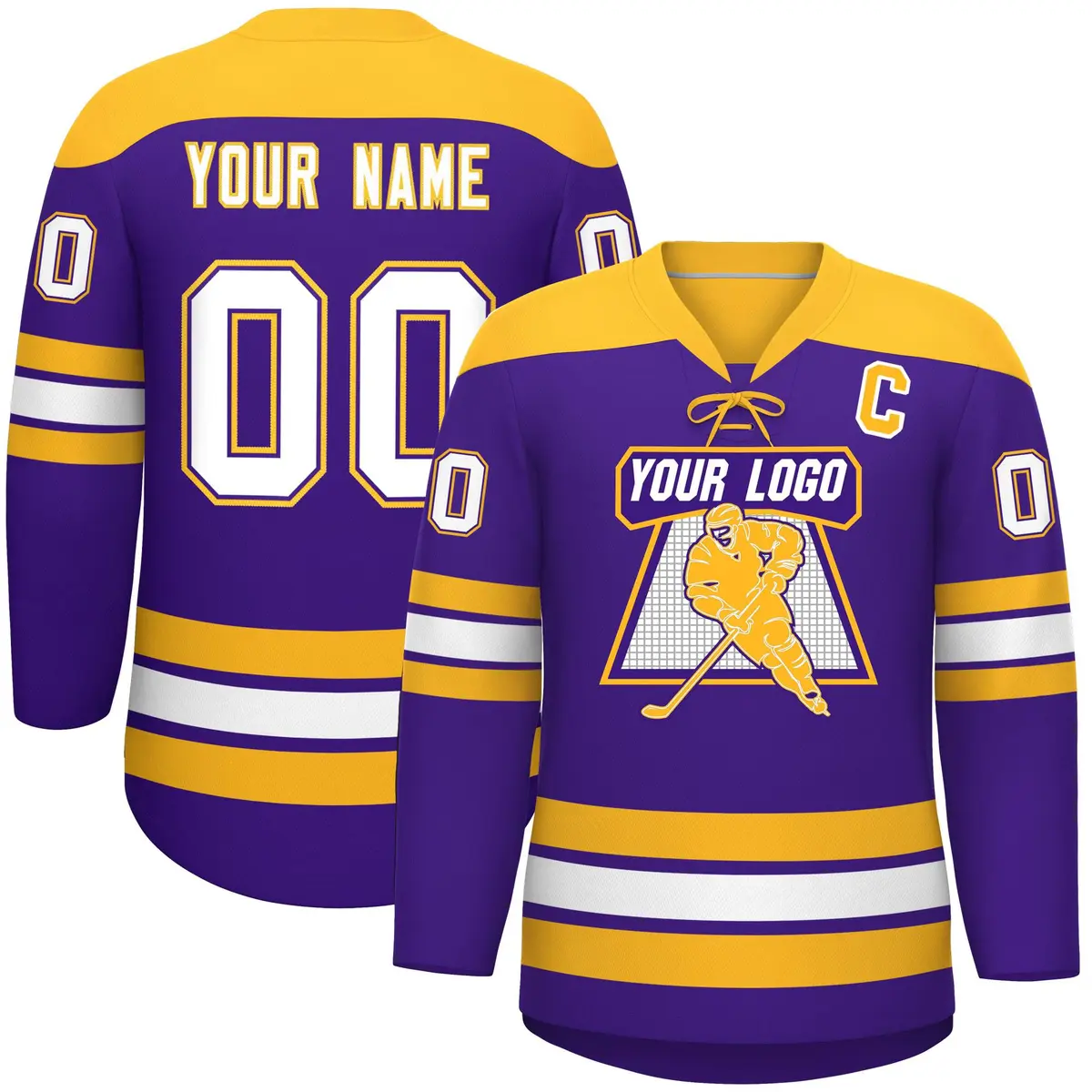 Purple Gold White Classic Lace-Up Neck Hockey Jersey