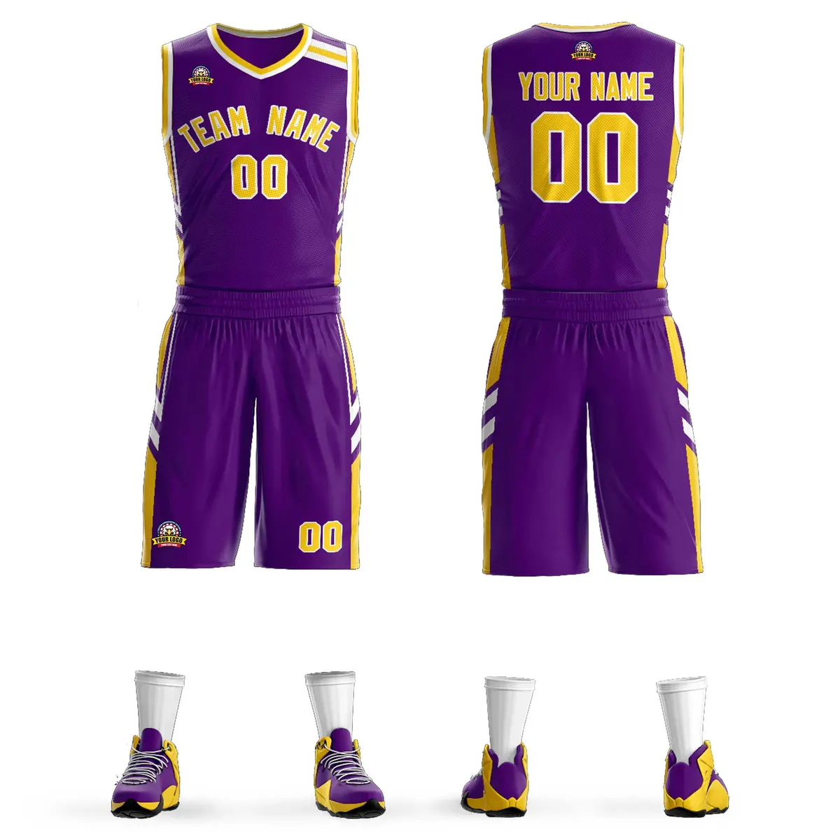 Purple Gold White Classic Mesh Basketball Jersey Sets