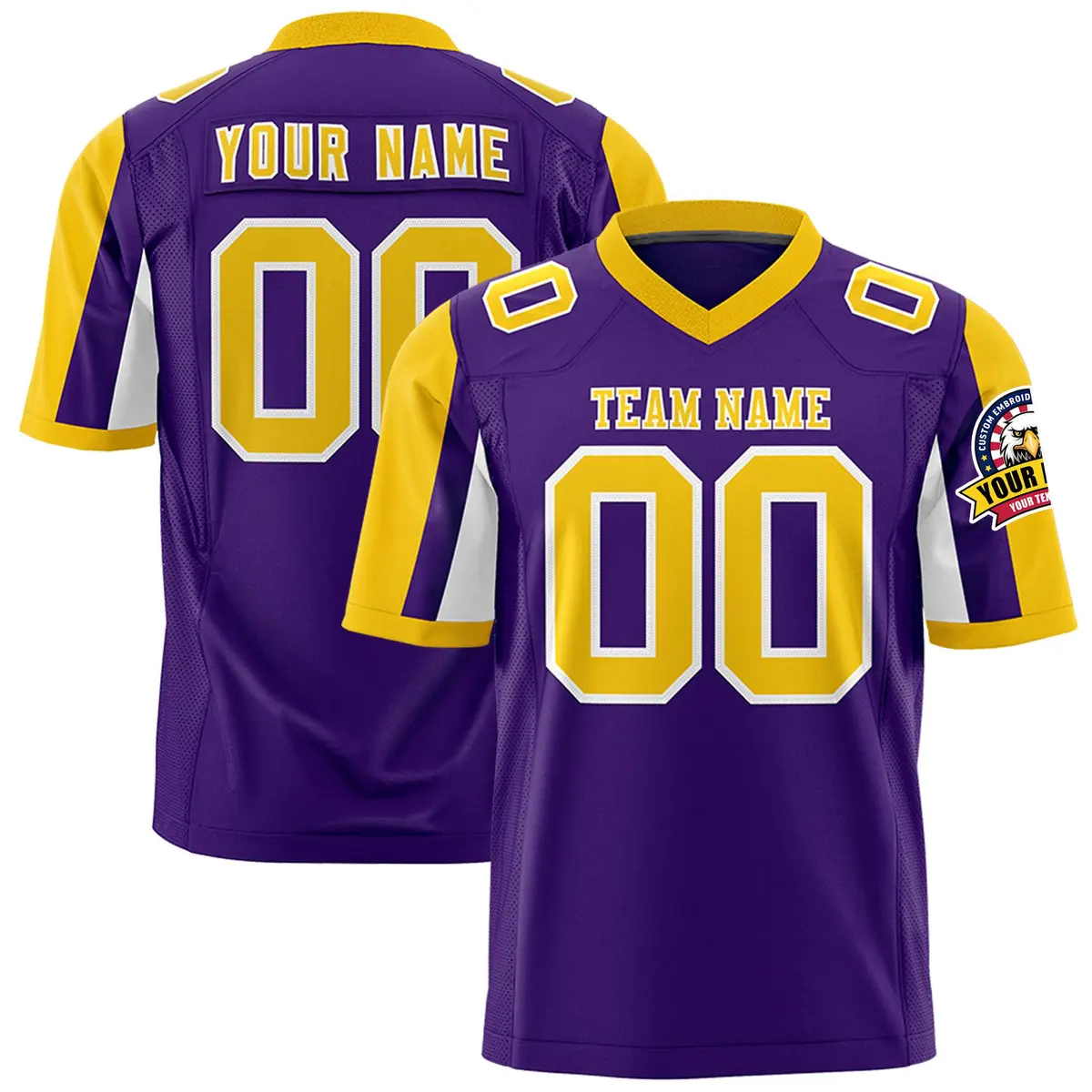 Purple Gold-White Color Block Raglan Sleeves Football Jersey