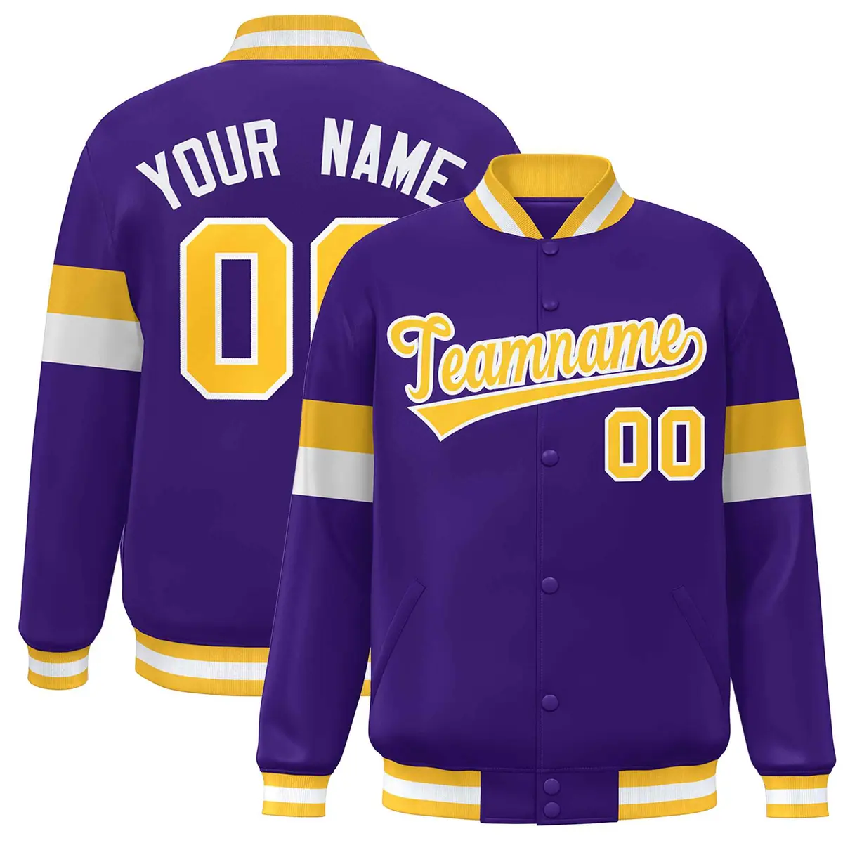 Purple Gold-White Color Block Varsity Full-Snap Baseball Jacket