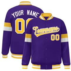 Purple Gold-White Color Block Varsity Full-Snap Baseball Jacket 1