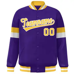 Purple Gold-White Color Block Varsity Full-Snap Baseball Jacket 3
