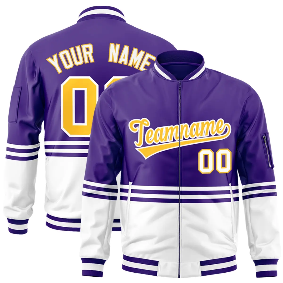 Purple Gold-White Color Block Varsity Full-Zip Letterman Bomber Jacket
