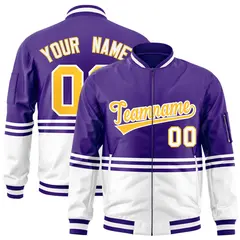 Purple Gold-White Color Block Varsity Full-Zip Letterman Bomber Jacket 1