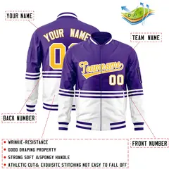 Purple Gold-White Color Block Varsity Full-Zip Letterman Bomber Jacket 2