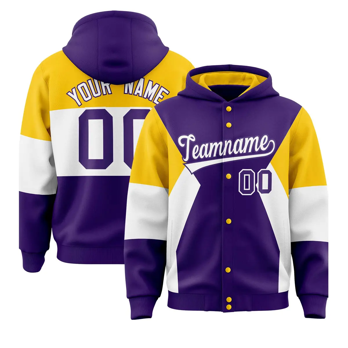 Purple Gold-White Color Block Varsity Letterman Jacket Hoodie