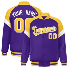 Purple Gold-White Color Block Varsity Letterman Jacket
