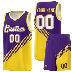 Purple Gold White Diagonal Stripe Color Block Basketball Jersey
