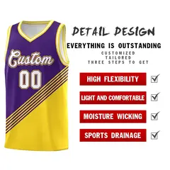 Purple Gold White Diagonal Stripe Color Block Basketball Jersey 2