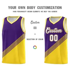 Purple Gold White Diagonal Stripe Color Block Basketball Jersey 3