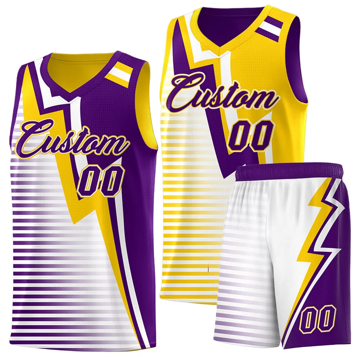 Purple Gold White Gradient Stripes Lightning Reversible Basketball Jersey