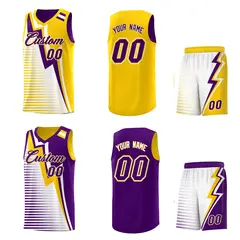 Purple Gold White Gradient Stripes Lightning Reversible Basketball Jersey 2