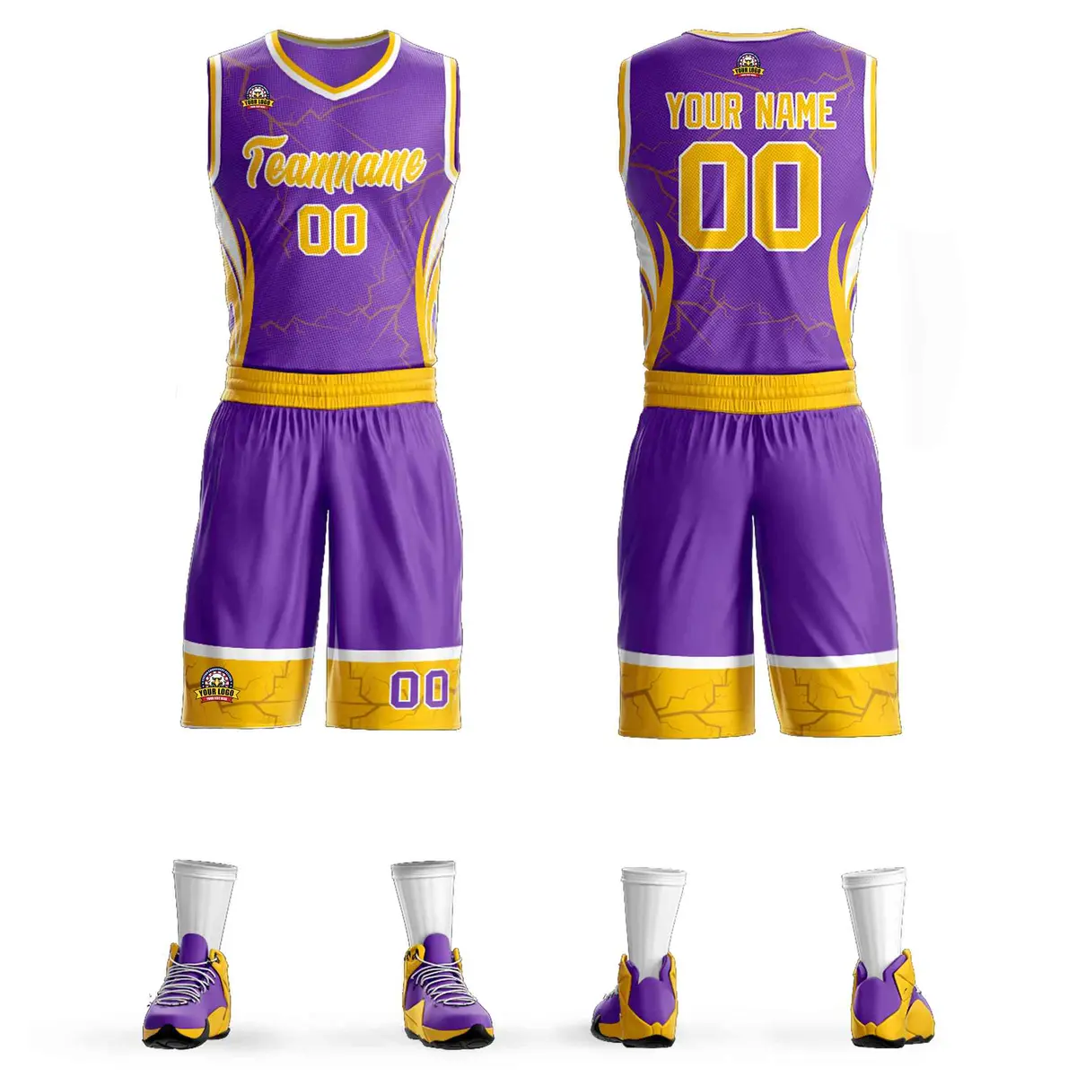 Purple Gold-White Graffiti Lightning Basketball Jersey