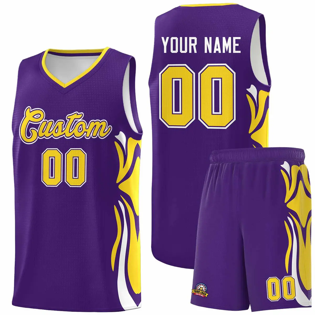 Purple Gold White Graffiti Side Curve Basketball Jersey Sets