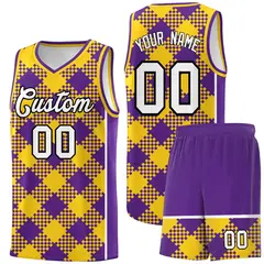 Purple Gold-White Grid Basketball Kits For Team