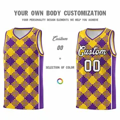Purple Gold-White Grid Basketball Kits For Team 3