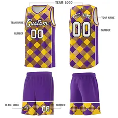 Purple Gold-White Grid Basketball Kits For Team 5
