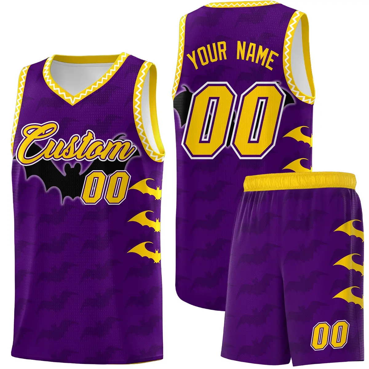 Purple Gold White Halloween Bat Pattern Basketball Jersey