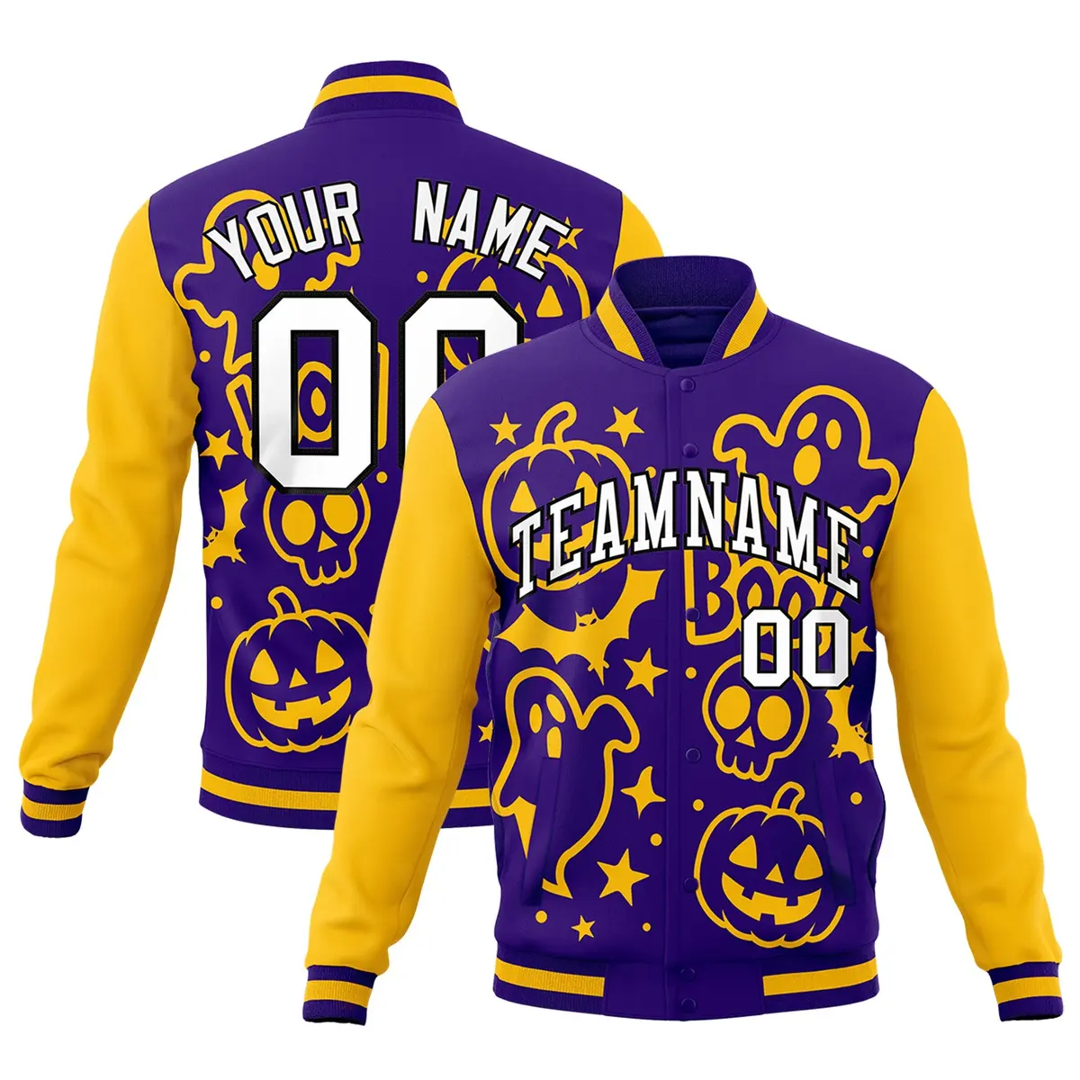 Purple Gold White Halloween Bats Pumpkins Ghost Letterman Jacket