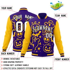 Purple Gold White Halloween Bats Pumpkins Ghost Letterman Jacket 2