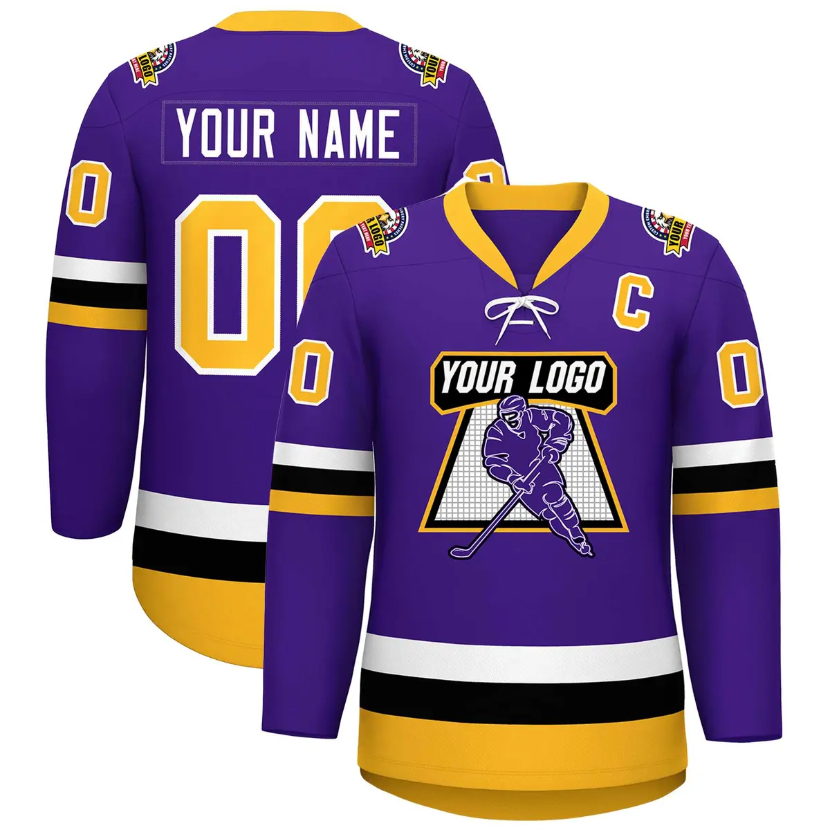Purple Gold-White Lace-Up Neck Hockey Jersey