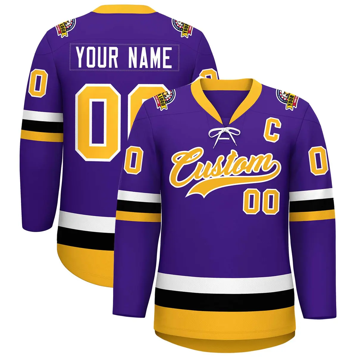 Purple Gold-White Lace-Up Neck Hockey Jersey