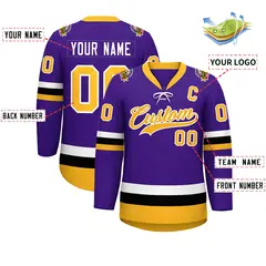 Purple Gold-White Lace-Up Neck Hockey Jersey 2
