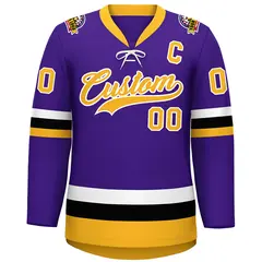 Purple Gold-White Lace-Up Neck Hockey Jersey 3