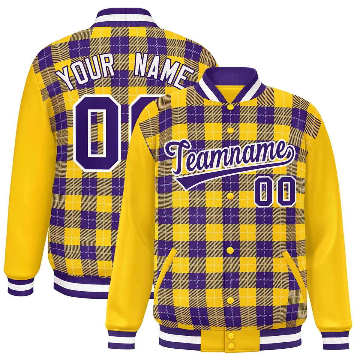 Purple Gold-White Plaid Varsity Full-Snap Letterman Baseball Jacket