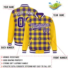 Purple Gold-White Plaid Varsity Full-Snap Letterman Baseball Jacket 2