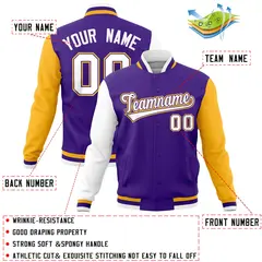 Purple Gold-White Raglan Full-Snap Varsity Letterman Jacket 4