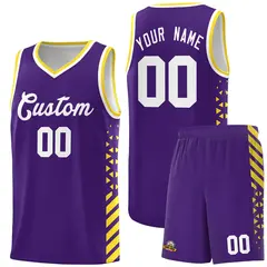 Purple Gold White Side Diamond Shapes Striped Basketball Jersey
