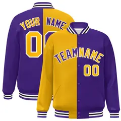 Purple Gold-White Split Two Tone Letterman Varsity Full-Snap Jacket