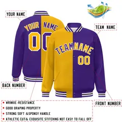 Purple Gold-White Split Two Tone Letterman Varsity Full-Snap Jacket 2