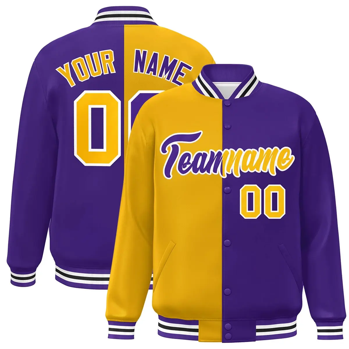 Purple Gold-White Split Two Tone Letterman Varsity Full-Snap Jacket